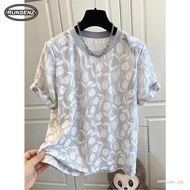 M-4XL Korean Floral Jacquard Tshirt Women Plus Size Oversized Roll Cuff Loose Top