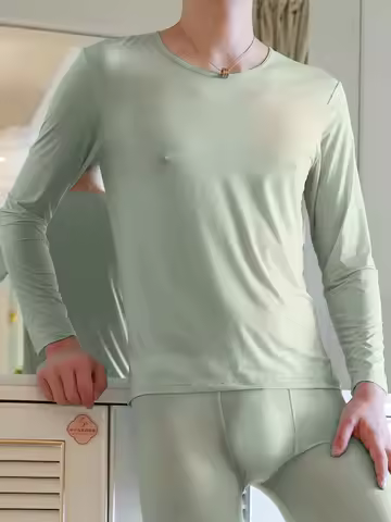 Men's Long Johns Set Ice Silk Long Sleeves Tee Tops Set Comfort Man Thermal Underwear