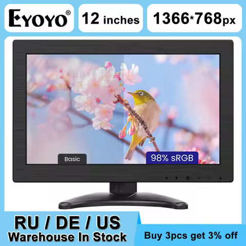 EYOYO 2025 New 12" Small Desktop Monitor With HDMI VGA Port For Computer Laptop CCTV System 99%sRGB 