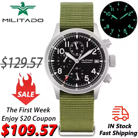 Militado ML1868KF 3 Dial Quartz Watch VK67 Chronograph Movement Luminous Sapphire Glass 100m Waterpr