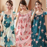 [40-70KG] Floral Nightdress Pajamas Sleepwear Baju Tidur Wanita Silk Satin Daster Cantik Kaftan 睡裙