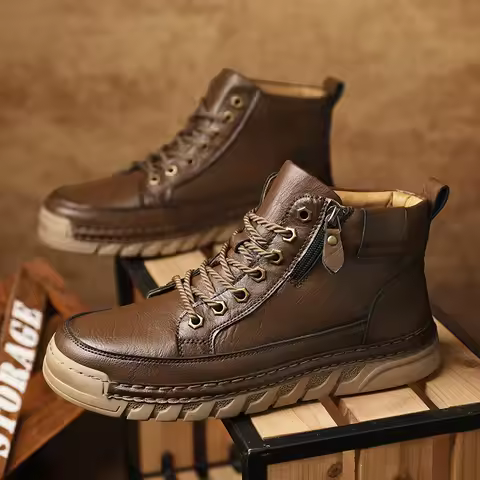 Men's High Top Leather Ankle Boots Comfortable Motorcycle Boots Non Slip Walking Training Shoes Bota