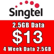 Singtel Prepaid $13 (2.5GB) 4 Week Data Top Up / Recharge/ 手机充值