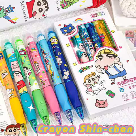 6Pcs/Set Kawaii Crayon Shin-Chan Gel Pens Set Cute 0. 5mm Blue Pen Cartoon School Student Stationery