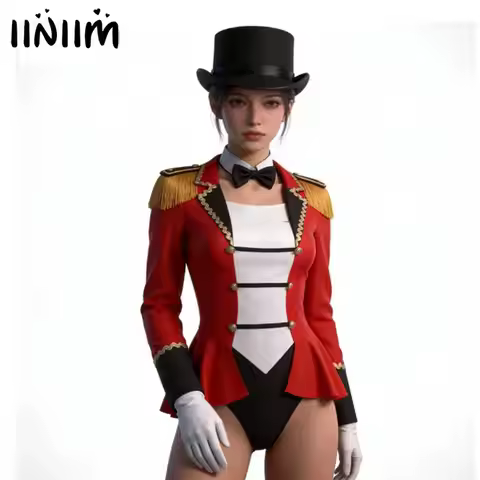 Womens Circus Ringmaster Majorette Carnival Cosplay Costume Fringe Epaulette Bow Bodysuit Jumpsuit L