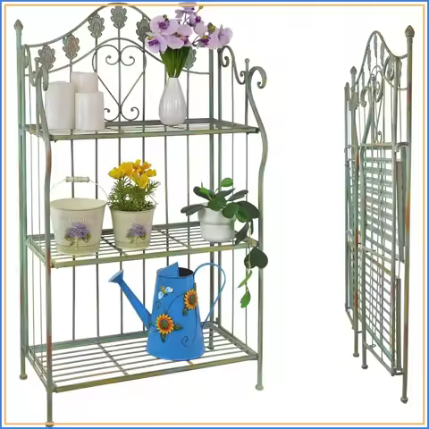 3-Tier Foldable Plant Stand, Green Metal Shelf for Indoor/Outdoor