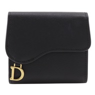 二手 Dior Compact Wallet，黑色小牛皮三折皮夾，附按扣，適合女士。