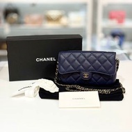 98%NEW二手CHANEL斜背包/手機包深藍色金扣 CLASSIC FLAP PHONE HOLDER NO.CK0UXXXX, #香榭站正品