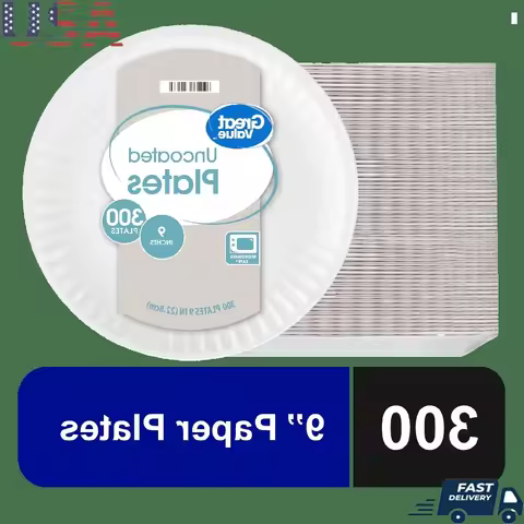 Uncoated Disposable Paper Plates 9 Inch Microwave Safe 300 Count Strong Durable Soak Proof Round Pla
