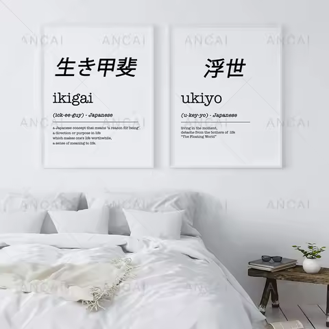 Ikigai Ukiyo Definition Art Print Japanese Gift Japanese Words Black White Minimalist Poster Japan C