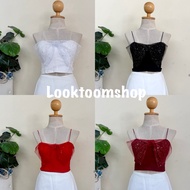 Looktoomshop H07 Crop Top With Spaghetti Straps And Diamond Bow Decoration Foam Bra Bust 30 -34