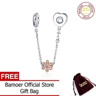 BAMOER ของแท้925เงินสเตอร์ลิงรักหัวใจและดอกไม้ที่ล็อกโซ่นิรภัยจี้ที่พอดีมีเสน่ห์สร้อยคอเครื่องประดับ