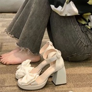 Facesun Giày Cao Gót Mary Jane Hở Ngón Đính Nơ Màu Đen Thời Trang Mùa Hè Cho Nữ V912