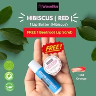 [WOMANHUB] Lip Butter Organik Hibiscus+Lip Scrub Percuma - Pelembap Bibir Kering, Sensitif, Eczema, 