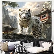Yookeb White Tiger Animal Tapestry 59W by 51H Inch Wall Hanging Cool Majestic Wildlife Man Bedroom L