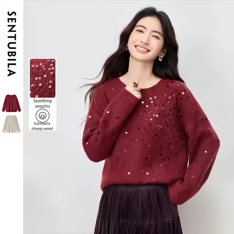 SENTUBILA Sequins Knitted Sweaters Women Pullover Jumper with Sequins 2026 Cozy Knitwear Long Sleeve