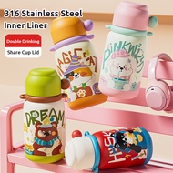 500ML/17oz Large Volume Cartoon Water Bottle with Straw Thermos Flask Sus316 Stainless Steel Double 