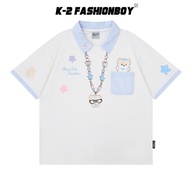 [K-2] Cute Little Picture Puppy Shiba Inu Graffiti Necklace Plaid Stitching Pocket Short T Short Sle