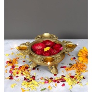 Ethnic Carved Design Inches Brass Urli With 4 Diyas(Dimensions: Length: 9.5 inches (23.7 cm),Width: 