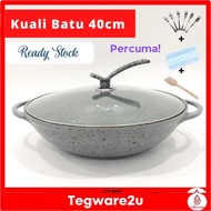 40cm Kuali Batu Anti-Lekat Berpenup Kuali Besar Big Non-Stick Wok Besar Cookware