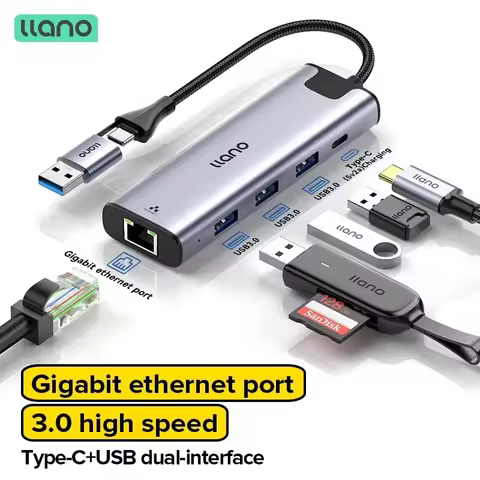 Llano 2 IN 1 USB 3.0 5 Port Docking Station Gigabit Ethernet Port USB/USB C To USB/Type-C/Ethernet A