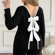 Plus Size Knitted Bowknot 2 Pieces Set, Autumn/Winter Jumper Dress Sweater Dress Tie Dress Black Dre