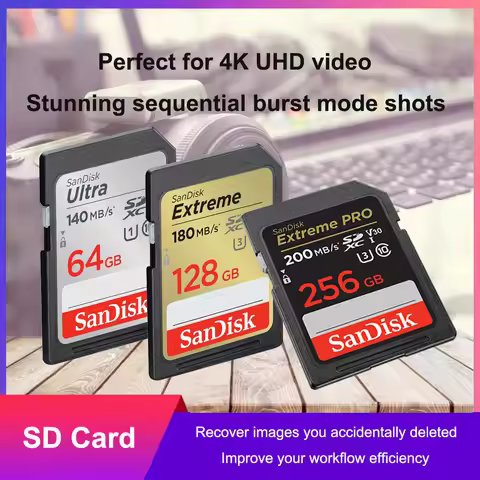 SanDisk SD Card 32GB 64GB 128GB 256GB Memory Card 120MB/s-200MB/s U1 C10 U3 V30 4K For Canon Nikon S