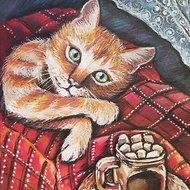Portrait of a cat is red painting animal art oil pastel cozy coffee
