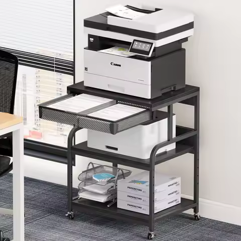 Large Printer Stand w/ Drawer, 5-Adjustable Heights 3 Tier Table w/ Wheels,Printer Cart for Printer 
