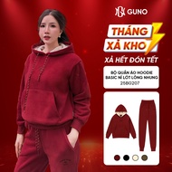 GUNO Women's Velvet Fur-Lined Sweatshirt Set Thick Hoodie Embroidered Logo with Super Warm Bear Pant