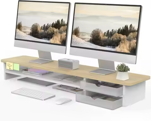 42.5-inch Dual Monitor Stand with Drawer, Wood & Acrylic Desktop Organizer for Computer and Laptop