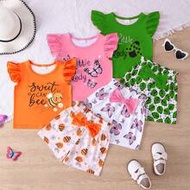6pcs Girls Casual English Letter Bee Butterfly Seven-Star Ladybug Print Top With 3D Bow And Bee Butt