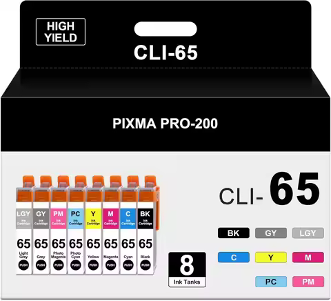 8-Pack CLI-65 CLI65 Y/M/C/PC/PM/GY/LGY/BK Ink Cartridges Compatible with Canon PIXMA PRO-200 PRO-200
