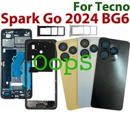 Back Housing Frame+Sim Tray For Tecno Spark GO 2024 BG6 Battery Cover Back Rear Door Housing+Button+