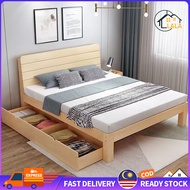 LALA Wooden Queen Bed Frame with HeadBoard Single/Queen/King Katil Kayu Base Drawer Solid Wood Bed Base Bedroom Bed 实木床