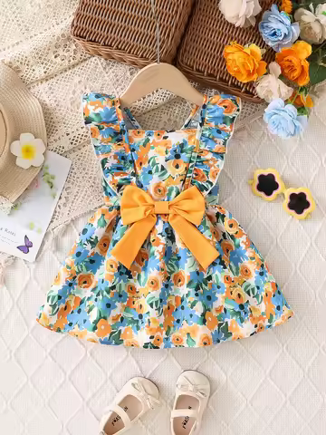 1-Piece Summer Thin Dress for Baby Girls, Children's Square-Neck Floral Print Bow-Decorated Sleevele
