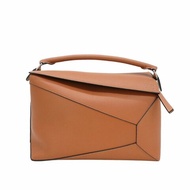 Loewe Large Puzzle 牛皮銀釦手提兩用包(棕)
