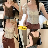 JJ shop​ Women's Short-Sleeved Shirt Lace Fabric Square Neck Short Sleeves Puffy Front Tie Design Wa