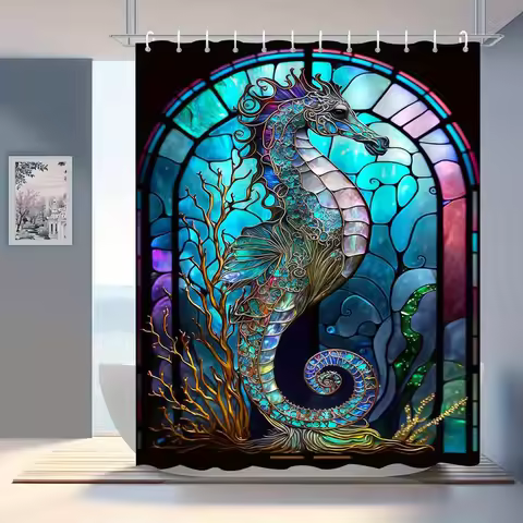Stained Glass Seahorse Waterproof Mildew-Resistant Shower Curtain - Oceanic Art Design for a Mystica