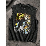 Cyber Rock Printed Vintage Washed Vest, Rock Guy Print Fashionable Fitness Vest Oversized Acidwash