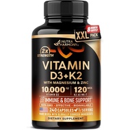 Vitamin D3 K2 - Vitamin D3 10000 iu & K2 as MK-7 120 mcg Complex - 240 Caps | D3 K2 + Magnesium, Zin