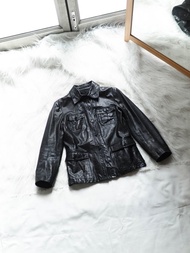 theory亮黑口袋後縮腰皮衣古董牛革真皮襯衫皮外套Leather jacket
