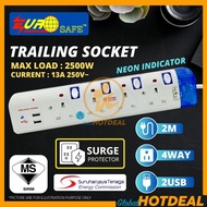 [Sirim] Eurosafe 2 Meter 4 Way+2 USB Port Trailing Extension Socket with Surge Protection 13A 3 Pin Plug with SIRIM
