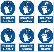 Stickers: 75 x 50 mm, Pack of 6 – Use Gloves – Mandatory Sign with Text (German) (Blue/White) – Vert