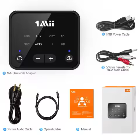 1Mii-B06T6 Bluetooth 5.3 Transmitter for TV to 2 Wireless Headphones, Bluetooth Adapter,aptX LL& HD,
