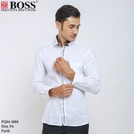 BOSS Kemeja Polos Pria Cotton Pique Kombinasi List Tengah Lengan Panjang Slim Fit PQ04 Putih