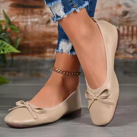 2026 Spring New Bowknot Soft Sole Flats, Small Square Toe Shallow Comfortable Egg Roll Shoes, Versat