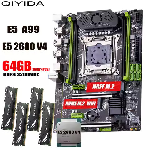 QIYIDA X99 motherboard set LGA2011-3 xeon E5 2680 V4 kit 4*16GB=64GB 3200MHz 4 channels DDR4 SATA 3.
