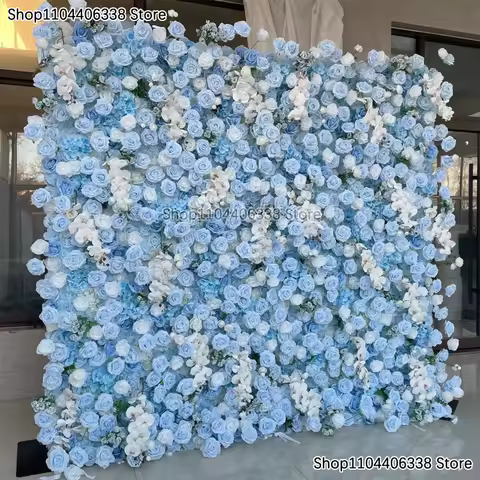 5D 8FT x 8FT Blue White Backdrop Wedding Decor Party for Rose Artificial Silk Flower Feather Wall Fl