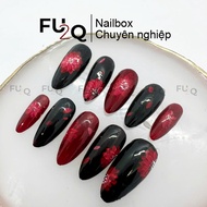 Nailbox Fu2Q - Red and Black Designed Fake Nails with Hidden Flowers